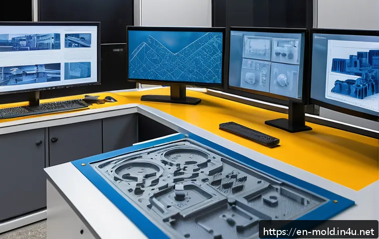 금형설계기능사와 CNC 가공의 관계 - A high-tech manufacturing workshop showcasing a skilled mold design specialist at work, focused on a...