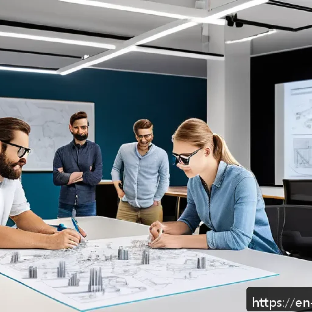 금형설계 직무에서의 리더십 개발 - A modern mold design team collaborating in a bright, open office space, diverse engineers and design...