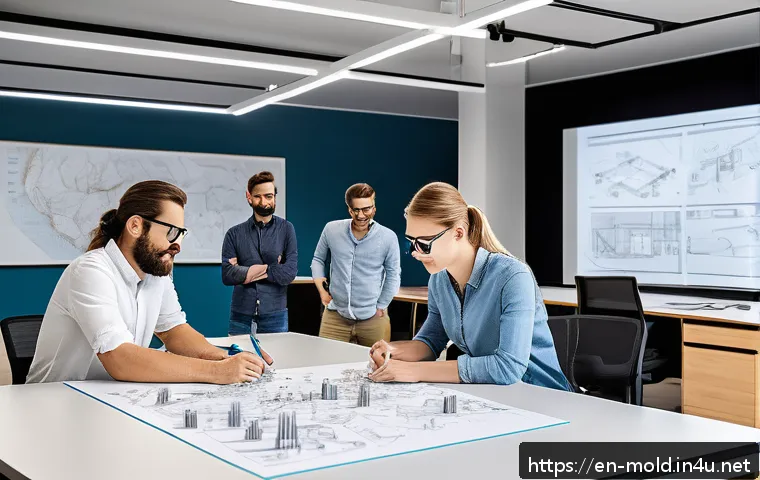 금형설계 직무에서의 리더십 개발 - A modern mold design team collaborating in a bright, open office space, diverse engineers and design...