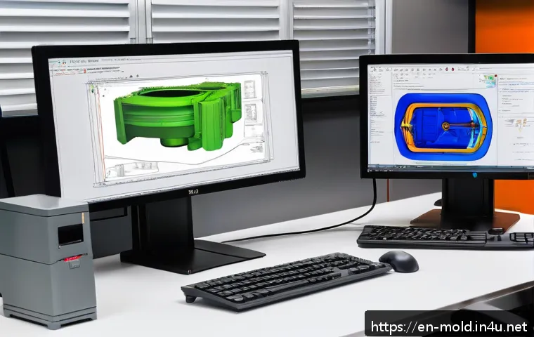 금형설계기능사 취득 후 직무 적응 방법 - A detailed engineering workspace showing a professional mold designer working on a computer with dua...