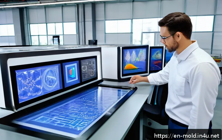 금형설계기능사와 3D 프린팅 기술의 연관성 - A high-tech mold design workspace featuring engineers collaboratively reviewing a detailed 3D CAD mo...