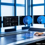 금형설계 업무에서 사용하는 최신 기술 - A high-tech engineering workspace showcasing a mold design engineer interacting with an advanced int...