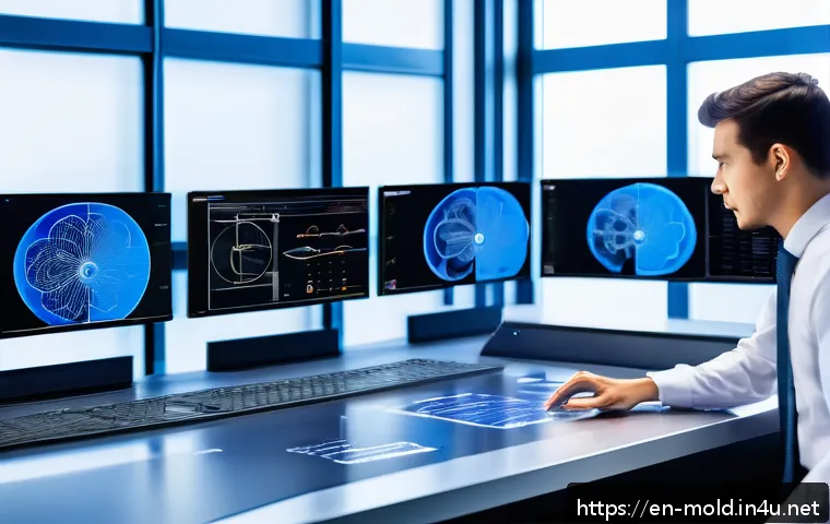 금형설계 업무에서 사용하는 최신 기술 - A high-tech engineering workspace showcasing a mold design engineer interacting with an advanced int...