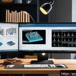 금형설계 실무자의 경력 개발 로드맵 - A professional mold designer working intently at a modern workspace filled with multiple computer mo...