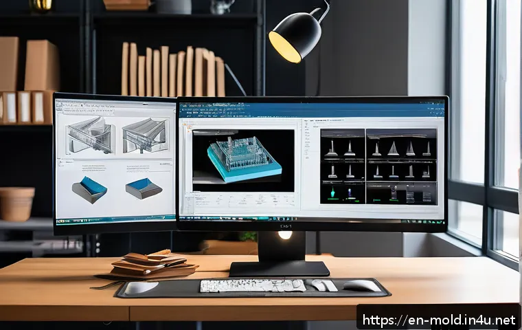 금형설계 실무자의 경력 개발 로드맵 - A professional mold designer working intently at a modern workspace filled with multiple computer mo...