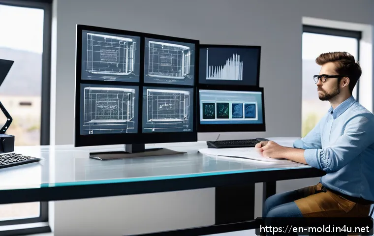 금형설계기능사와 플라스틱 금형 설계 차이 - A detailed workspace scene showing a professional mold designer at a modern drafting table, surround...