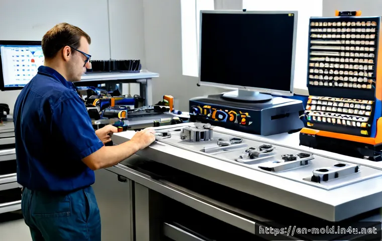 금형설계기능사와 플라스틱 사출 성형의 이해 - Photorealistic industrial design workspace, a skilled mold designer in clean safety glasses reviewin...