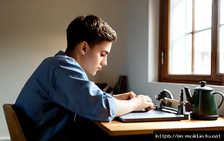 Home 17 금형설계기능사 준비생의 멘탈 관리 - Photorealistic home study scene of a focused young adult vocational exam candidate practicing precis...